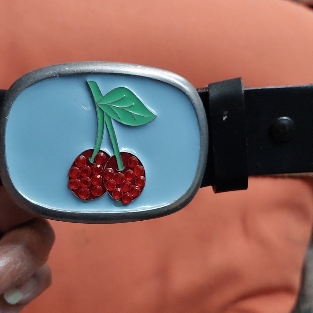 Kaymen-b Rhinestone Cherries on Baby Blue Enamel Belt Buckle. EUC